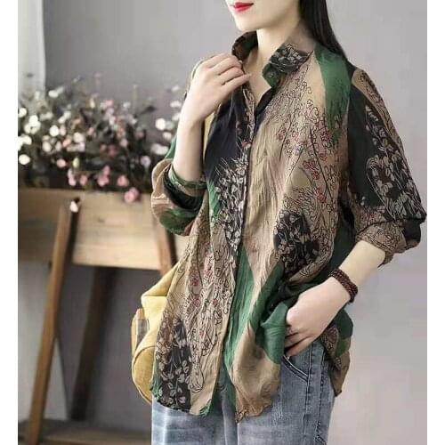 Large Size Cotton Spring Summer Women Vintage Lazy Style Blusas Folds Blouses Polo-Neck Loose Tops Fashion Shirts MM0579