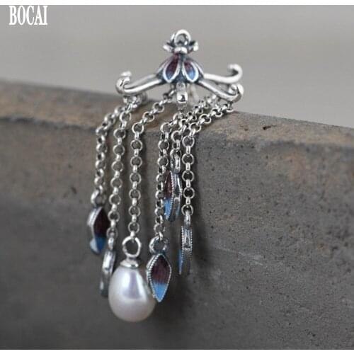 BOCAI new S925 pure silver jewelry retro ethnic style cloisonne craft handmade silver pearl pendant accessories woman pendant