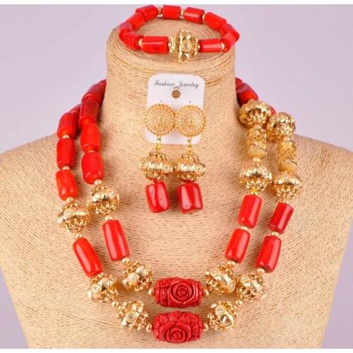 Red coral jewelry set nigerian beads african wedding necklace set 21-2