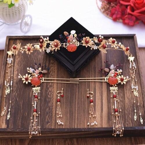 Red chinese style rhinestone hairpins tiara Brides Headdress Salute Shake bride Hair jewelry