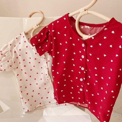 2021 Girl Child New Short Sleeve Love Round Neck Short Cute Korean Lace Single Breasted Shirt