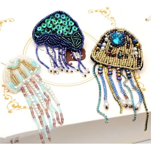 Maxsin 1 Pc High Quality Handmade Beaded Rhinestone Sticker Pearl Tassel Jellyfish Patch Garment Shoe Hat Applique DIY Accessory