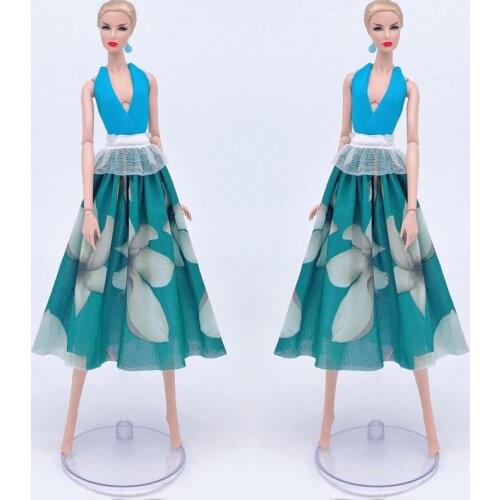 Turquoise Fashion Doll Clothes For Barbie Doll Outfits Dress Vest Top & Countryside Floral Midi Skirt 1/6 Doll Accessories