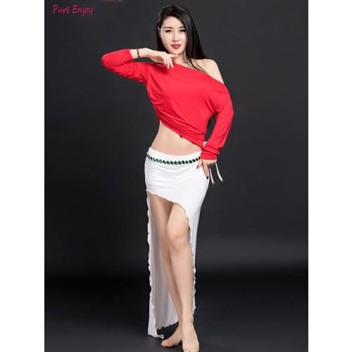 New Women Bellydance Costume 2 Piece Set Sexy short Sleeve Oriental Dance Performance Show WearModal Blouse Side Split Skirt