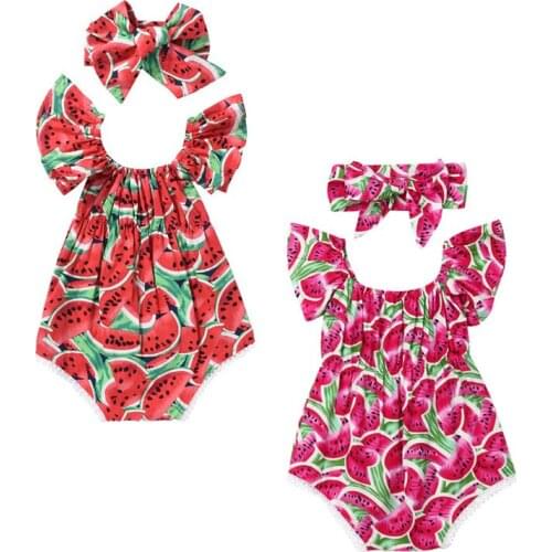 Newborn Baby Girls Bodysuit Watermelon Print Clothes Sleeveless Bodysuit +Headband 2pcs Jumpsuit Outfits Playsuit