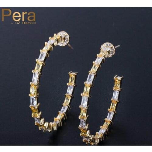 Pera Trendy Yellow Gold Color Jewelry Big Baguette Square Shape Cubic Zirconia Round Circle Polished Hoop Earring for women E128