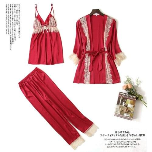 Summer 3 Pieces Women Pajamas Set Red Satin Sleepwear Silk Nightwear Spaghetti Strap Lace Sleep Lounge Pijama With Chest Pads