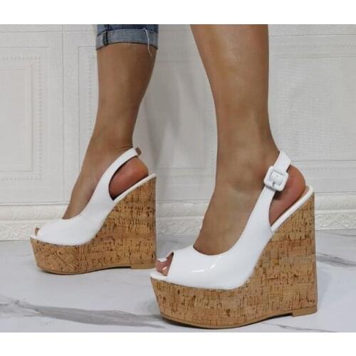 Drop Shipping Girls White Leather Peep Toe Platform Wedge Sandals Woman Fashion Buckle Strap Slingback Super High Heels Shoes