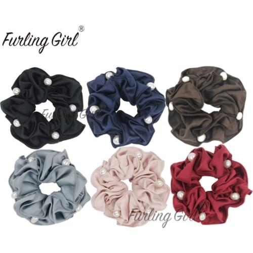 Furling Girl 1PC Satin Scrunchies Simulated Pearl Decorated Hair Elastic Hair Bands Ponytail Holder Women Hair Ties Accessories
