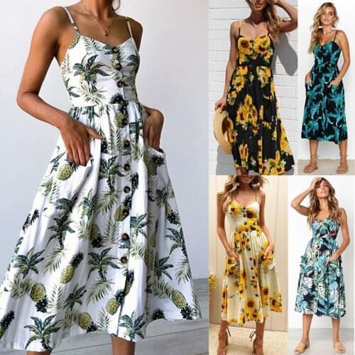 2020 Casual Vintage Sundress Women Summer Dress Boho Sexy Dress Midi Button Backless Polka Dot Striped Floral Beach Dress Female