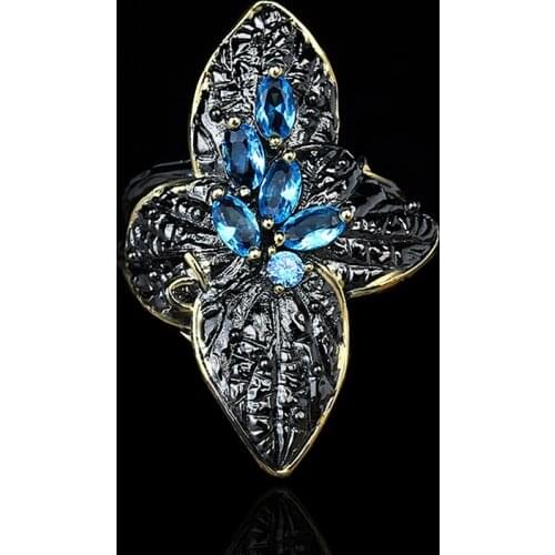 Unique Retro Ethnic Style Black Gold Two-color Leaf Flower Ring Blue Zircon Ring Creative 925 Silver Womens Jewelry Ring