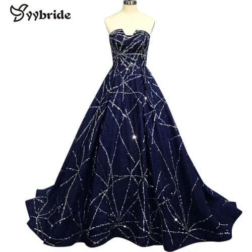 YYbride New Design A-Line Strapless Prom Dresses Hand Sewing Beading Crystals Dark Navy Sleeveless Chapel Train Evening Dresses