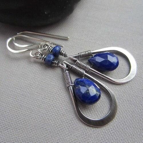 Antique Silver Color Lapis Lazuli Drop Earrings Vintage Hollow Teardrop Shape Blue Stone Dangle Earrings Ethnic Boho Jewelry