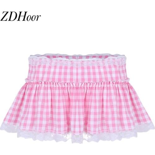 Unisex Men Women Sissy Lingerie Short Skirt with Lace Hem Sexy Pleated A-line Micro Mini Skirt School Girl Casual Gingham Skirts