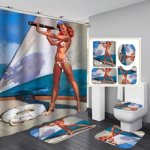 Bathing Woman Pattern Shower Curtains With 12 Hooks Sexy Woman Print Toilet Cover Bath Mat Non-Slip Rug Set Retro European Style