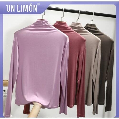 UNLIMON Women Long Sleeve Tshirts Autumn Winter New Modal High Collar Korean Fashiono Candy Color