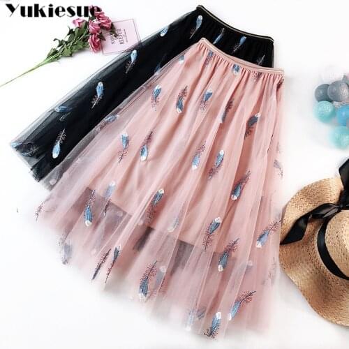 2019 New Fashion Women Mesh Skirts Women Elegant Leaves Print Adult Tulle Skirt Elastic High Waist Pleated Midi Skirt Femme Saia