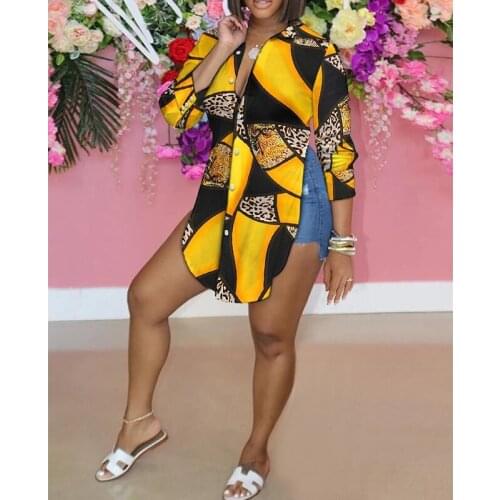 Spring and Summer Womens Personality Fashion High-slit Long-sleeved Digital Printing Gradient Shirt Elegant Natural Color