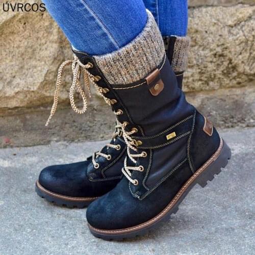 Women Mid-Calf Boots 2021 Winter Warm Punk Boots Side Zipper Boots Outdoor Non-Slip Boots Knitted Patchwork Ladies Booties Mujer