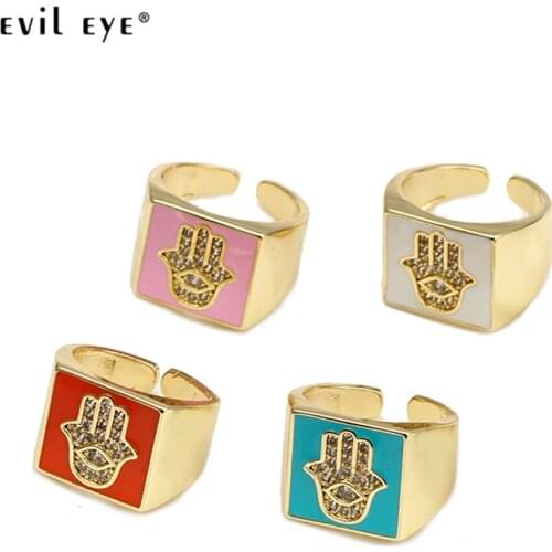 EVIL EYE Fatima Hamsa Hand Turkish Evil Eye Open Ring Gold Color Adjustable Finger Ring Party Jewelry for Women Girls Men BE285