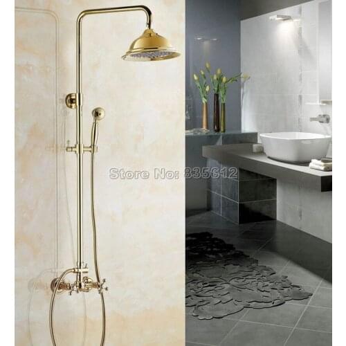 Golden Brass Bathroom Wall Mount 8.2" inch Rain Shower Faucet Set with Hand Spray Dual Cross Handles Mixer Tap Wgf323