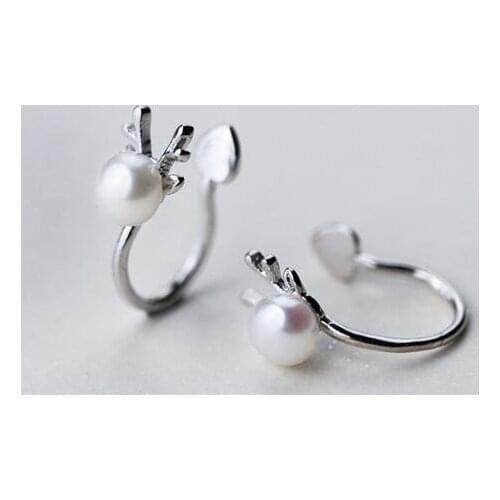 4mm small 100% Real. 925 Sterling Silver Fine Jewelry Freshwater Pearl Antler Deer design Clip earrings (NO pierced) gtle1929