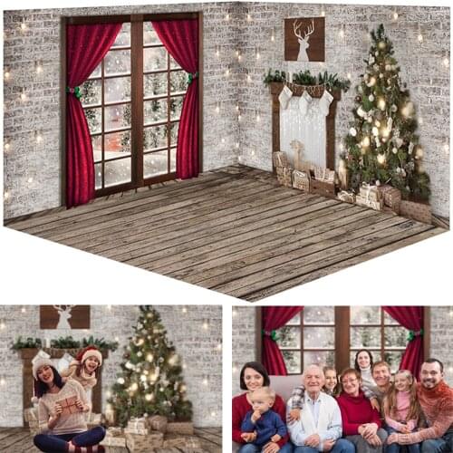 Christmas Window Snow Photography Backdrops White Brick Wall Red Curtains Family Portrait Photocall Background Photo Studio