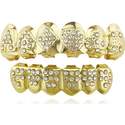Hip Hop Poker Shaped Rhinestones Teeth Caps Top & Bottom Dental Grills Men Women Vampire Fang Teeth Party Halloween Jewelry