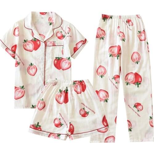 KISBINI Women Pajamas Set 3PCS Shirt+Shorts+Pants Sleepwear Spring Summer Printed Cotton Ladies Homewear Women Pyjama Set