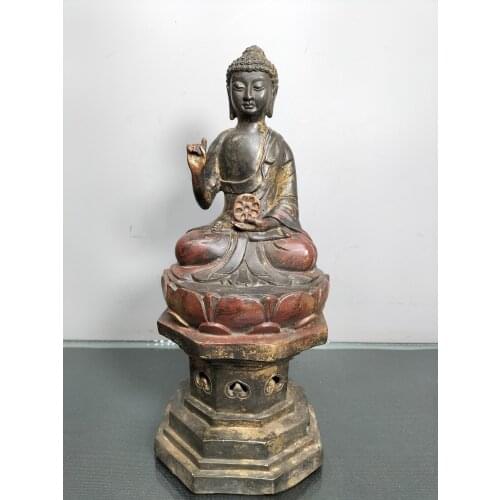 11"Chinese temple collection Old Bronze Cinnabar Lacquer Lotus Buddha Sakyamuni Sitting Buddha Ornaments Town House Exorcism