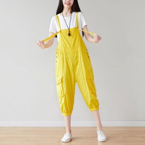 Cargo Jumpsuits Thin Streetwear Baggy Yellow green Overalls Casual Pockets Strap Wide Leg Trousers Loose Drop Crotch Rompers