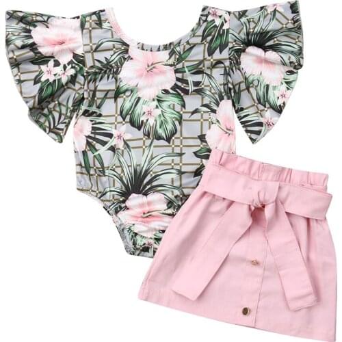 Toddler Infant Baby Girl Clothes Set Flower Printed Short Sleeve Romper Tops + Pink Mini Skirt Summer Clothes Outfits 1-4Y
