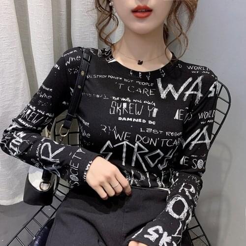 Korea Chic Long Sleeve Letter Tee Shirt Women 2021 Tops Spring Elegant T-Shirt Thin Slim Fit TShirt Clothes Black White
