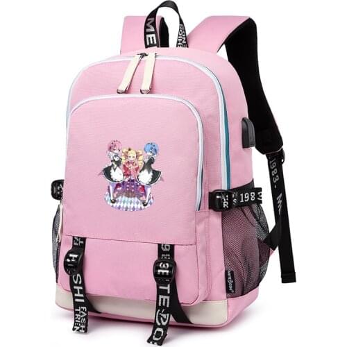Re:Life in a different world from zero Kawaii School Bags Oxford Travel Backpack USB Charging Laptop Daypack Anime Rem Bookbag
