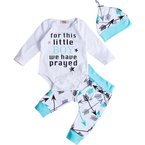 Fashion Baby Clothing 3Pcs Newborn Infant Baby Boys Letter Printed Romper + Arrow Pants + Hat Outfits Clothes Set