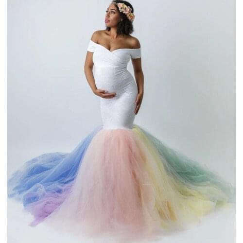 NEW 2020 Sexy Lace Shoulderless Pregnancy Dress Photography Long Sleeve Rainbow Mesh for Women Pregnancy Dress Photography