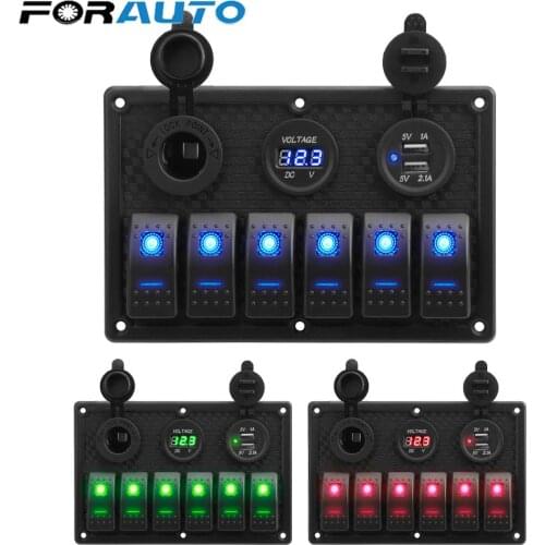 4.2A Dual USB Slot Socket Waterproof 6 Gang Rocker Switch Panel With Fuse Digital Voltage Display