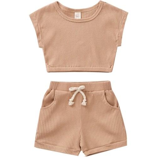 Pudcoco 0-3 Years Kids Baby 2-piece Outfit Set Solid Color Top and Pocket Shorts Set for Children Boys Girls Summer Outfits