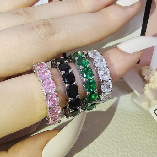 Luxury Pink Black Green Cushion 925 Sterling Silver Wedding Band Eternity Ring for Women Gift Finger Anniversary Jewelry R5580