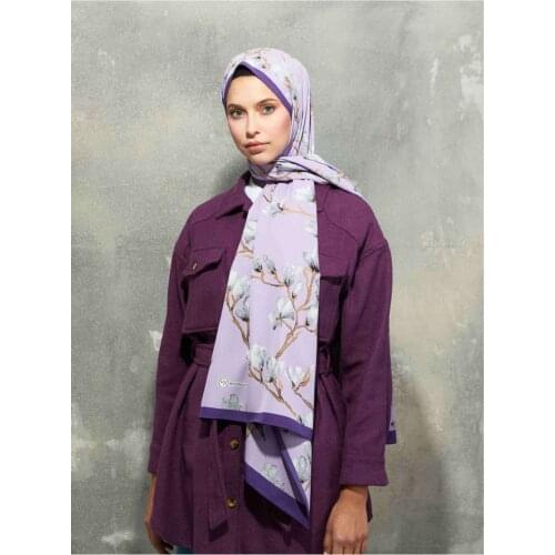 2021 Summer New Fashion Women Muslim Hijab Flora Series Magnolia Branches Patterned 80*200 cm Shawl Purple Colour Cotton