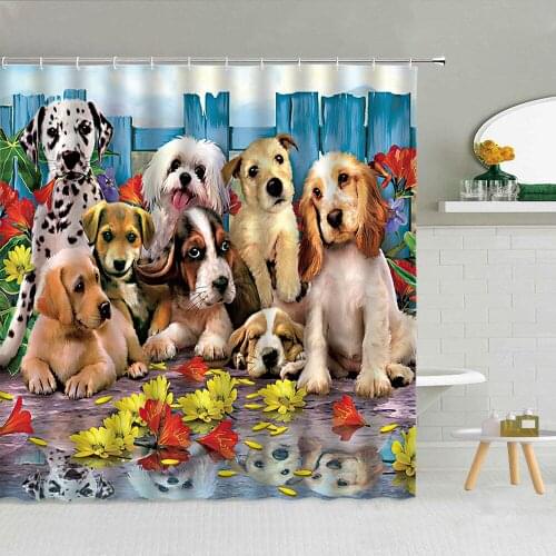 Funny Pet Dog Family Flower Shower Curtain Wood Fence Cat Kids Waterproof Fabric Hooks Curtains Child Bathroom Decor Bath Screen