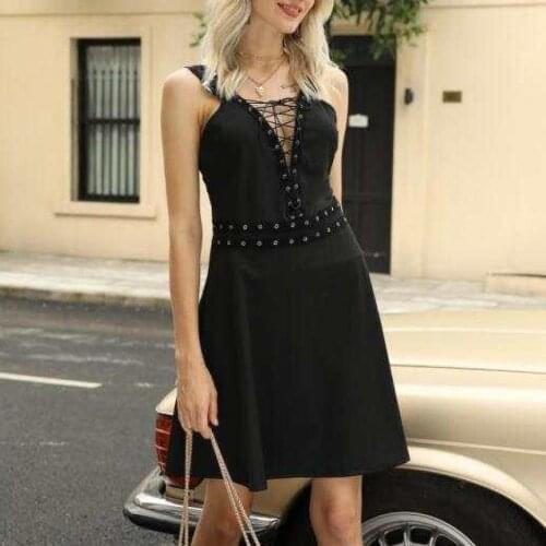 Female Gothic Dresses Sleeveless V Neck Waist Tight Front Bandage Large Hem Party Sling Mini Dress for Women 2021