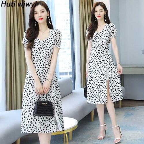 Spring Summer Dot White Chiffon Boho Beach Sundress Women Casual Bodycon Party Maxi Vestidos 2021 Vintage Plus Size Midi Dresses