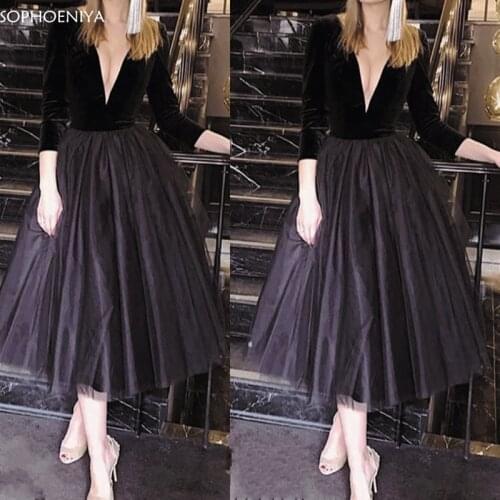New Arrival V Neck Black Evening dresses Short 2021 Robe de soiree courte Formal dress women elegant Party dress