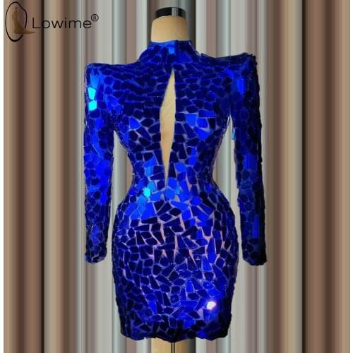 Sexy Full Crystals Royal Blue Long Sleeve Prom Dresses High Neck Vestido De Festa Pageant Celebrity Vestidos