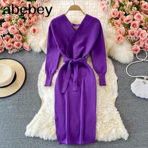 2021 New Spring Autumn Korean V-neck batwing sleeve knitted Dress high waist lace up elastic skinny mid-length wrap Dress