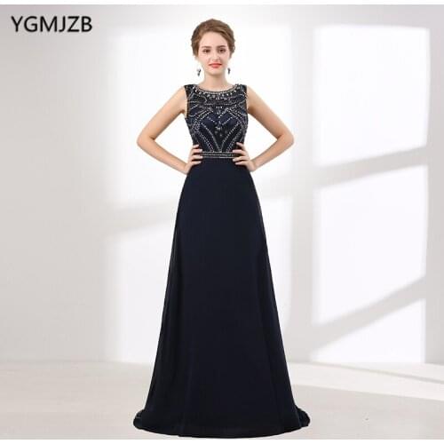 New Arrival Navy Blue Evening Dress Long 2018 A-Line Cap Sleeve Beaded Crystal Sheer Back Prom Evening Gown Plus Size Prom Dress