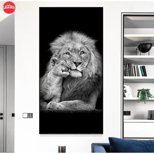 5D DIY Diamond Painting Black and white animal art, parent-child lion cross stitch full square/round diamond mosaic painting