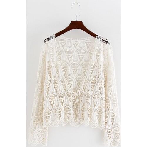 Hollow crochet lace cardigan jacket womens long-sleeved sunscreen clothes with suspenders skirts with summer thin shawls
