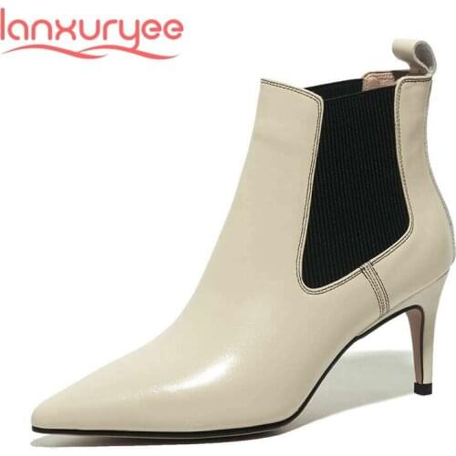Lanxuryee genuine leather pointed toe thin high heel stretch boots classic colors young lady daily wear slip on ankle boots L26